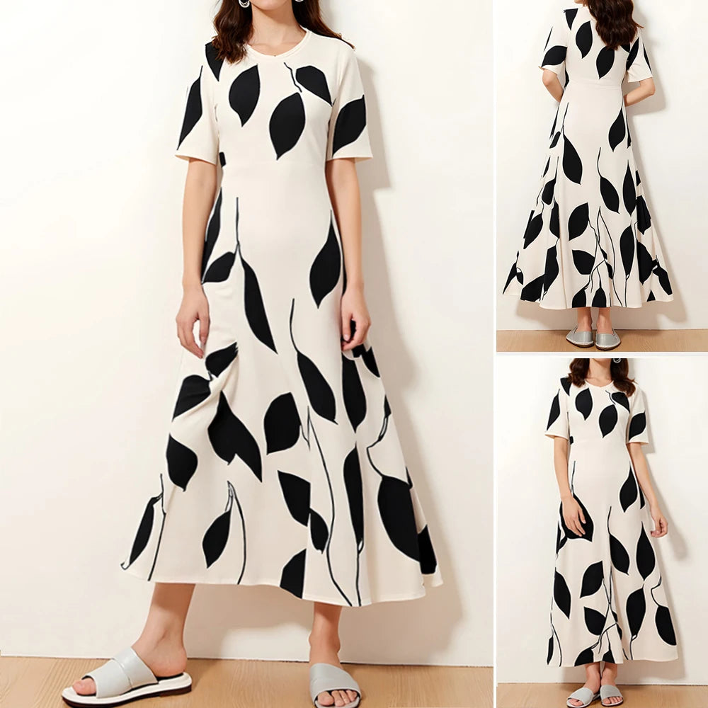 Rafiah Summer Arabian Dress 2025 Fashion Decent Contrast Color Short Sleeve V-Neck Midi A-Line Long Dress For Women