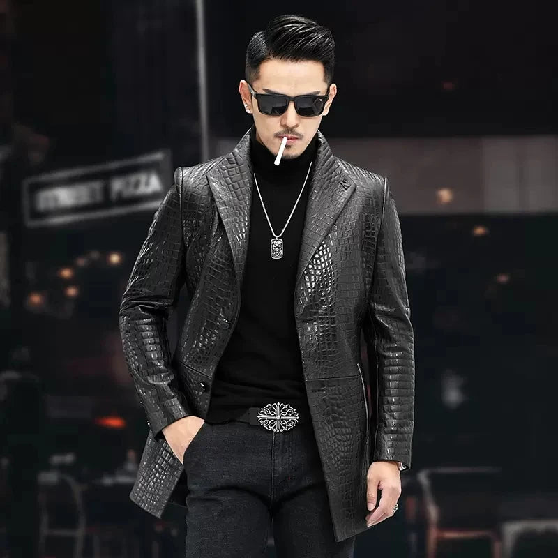 High Quality Luxury Genuine Leather Blazers Men Spring Slim Office Man Embossing Real Sheepskin Coat Suit Jacket Size Runs Small