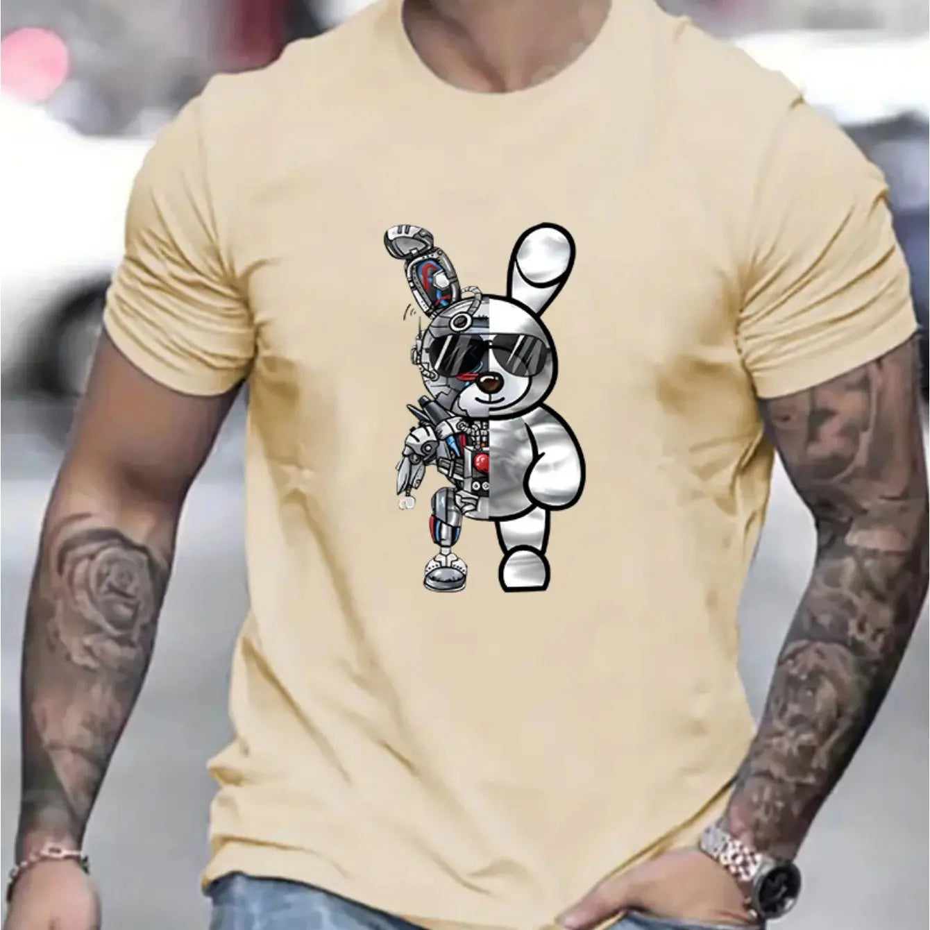 Men's summer 100 cotton fashionable casual loose cartoon mechanical Robot 🤖 Rabbit pattern printed round neck short sleeved T-shirt top