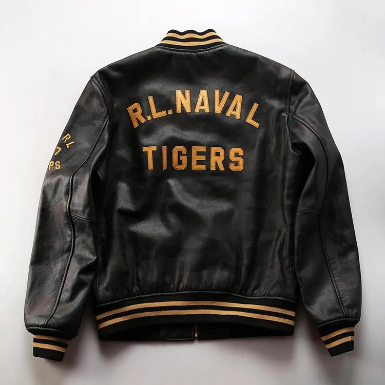 Men's top quality stand collar real leather jacket baseball tiger embroidery Fashion leisure first layer cowhide leather coat