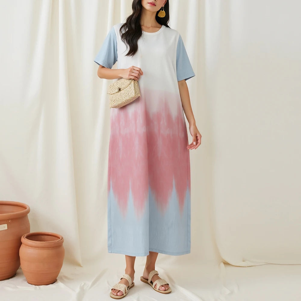 Rafiah Women's Summer Arabian Dress 2025 Modest Fashion Gradient Short Sleeve Round-Neck Midi Daily Shift Dresses