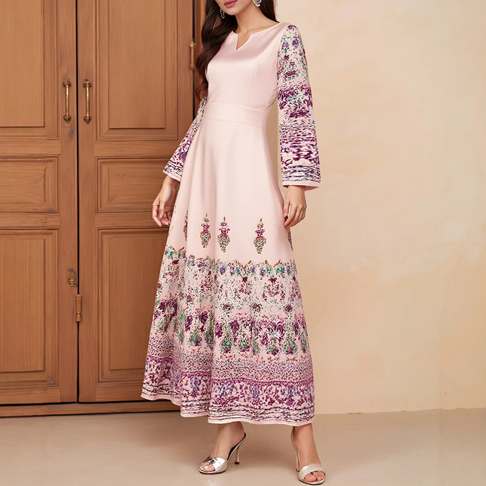 Rafiah Women's Dresses Summer Elegant Decent Fashion 2025 Traditional Print Long Sleeve V-Neck Maxi A Line Casual Long Dress