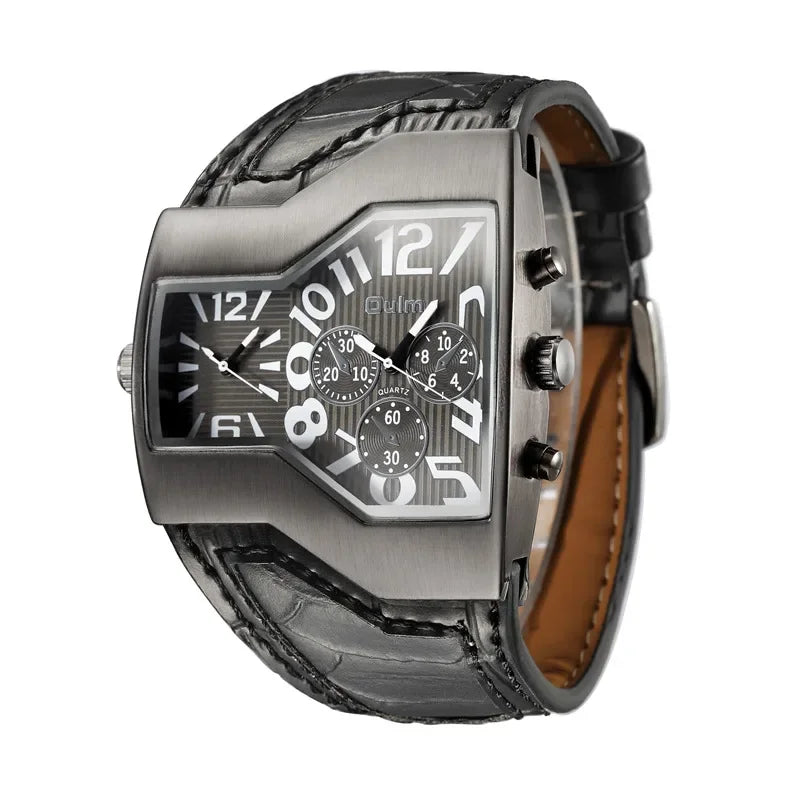 Oulm 1220 Luxury Brand Watch Retro Design Male Sport Wristwatch Leather Strap Watches Men's Two Time Zone Big Dial Quartz Clock