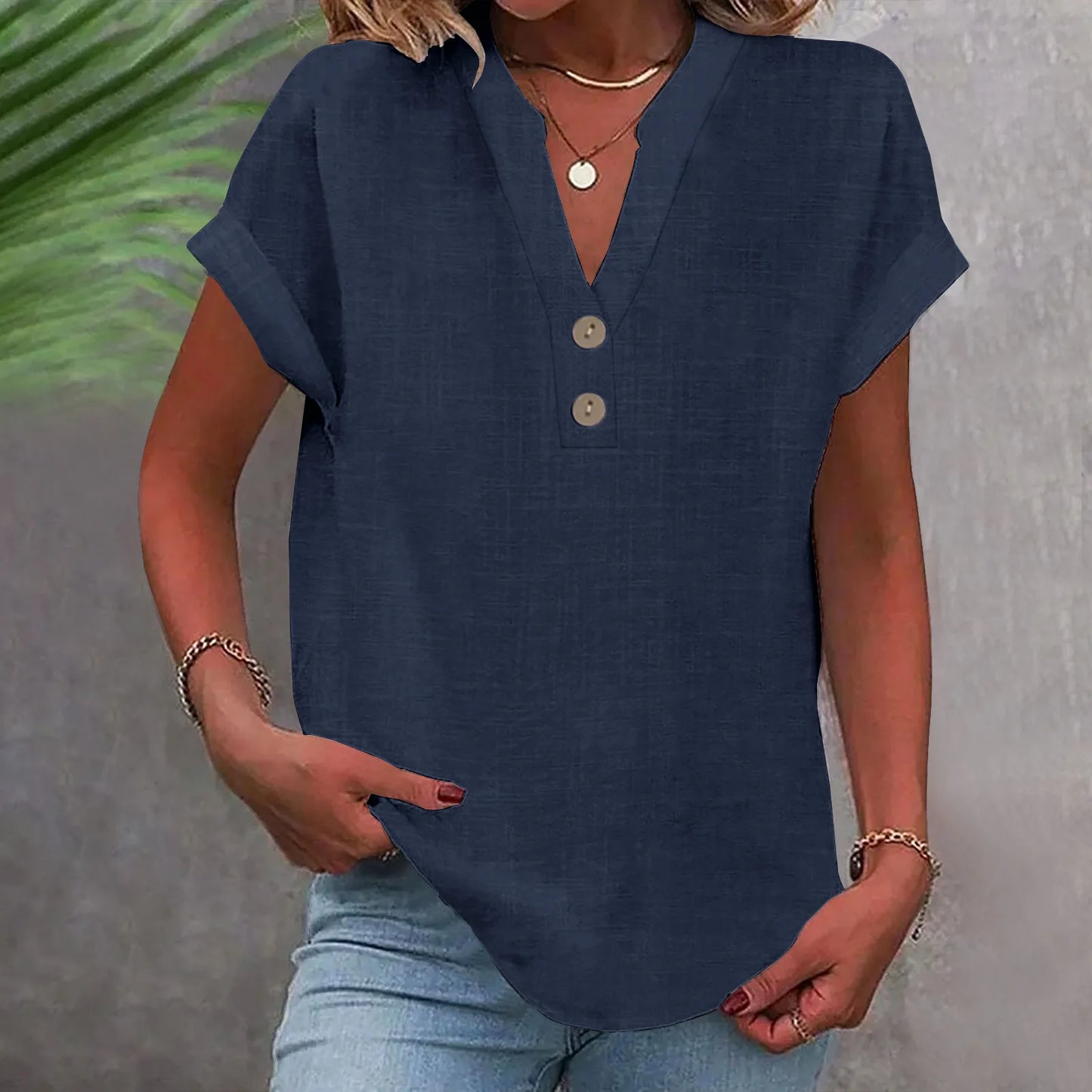 Cotton Linen Short Sleeved Breathable Shirt Summer Solid Color Fashion Stand Up Collar Button Down Women's Casual Office Shirt