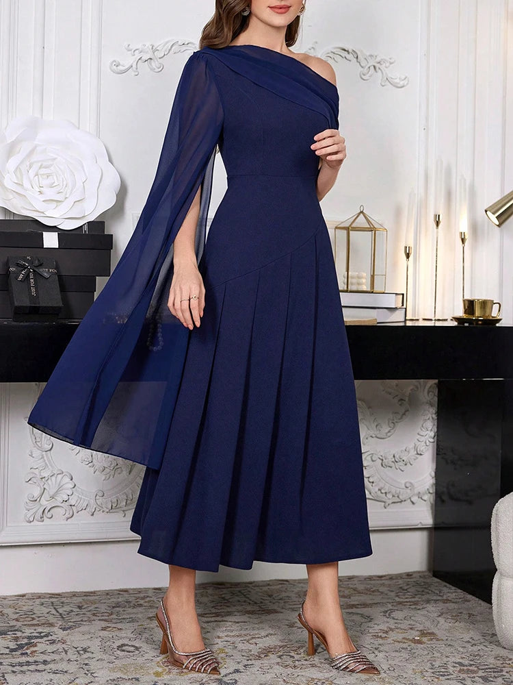 Rafiah Dresses 2025 Woman K-FashionSolid Color Casual Long Monochrome Dress with Asymmetrical Shoulder for Women's Daily Wear