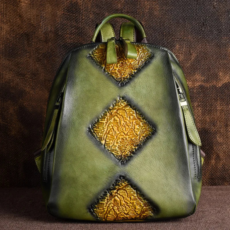 Handmade Retro Embossed Floral Backpack For Women Genuine Cowhide Leather Fashion Women Bag Solid Color Muti-function Backpacks