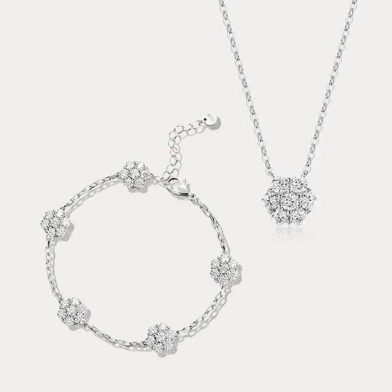 Flower Bracelets with Shiny Moissanite Sterling Silver Adjustable Wedding Anniversary Luxury Gifts Necklace Bracelet Jewelry Set