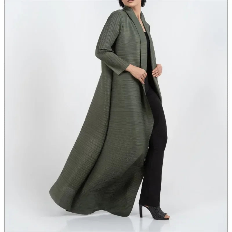 KAF Pleated Women Trench Coat Vintage Printed Cardigan Design Loose Plus Size Women Long Dress Dubai Female Luxury Abaya 2024