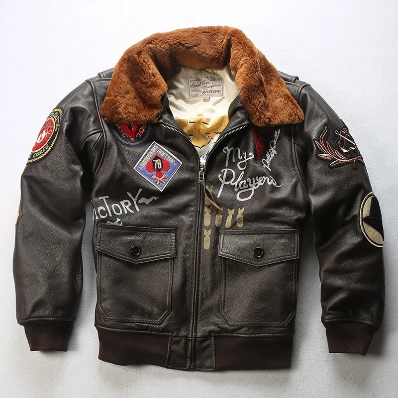 Super Fast Shipping G1 Pilot Jacket Men Removable Hair Collar Genuine Cowhide Vintage Embroidered Label Casual Leather coat TOP