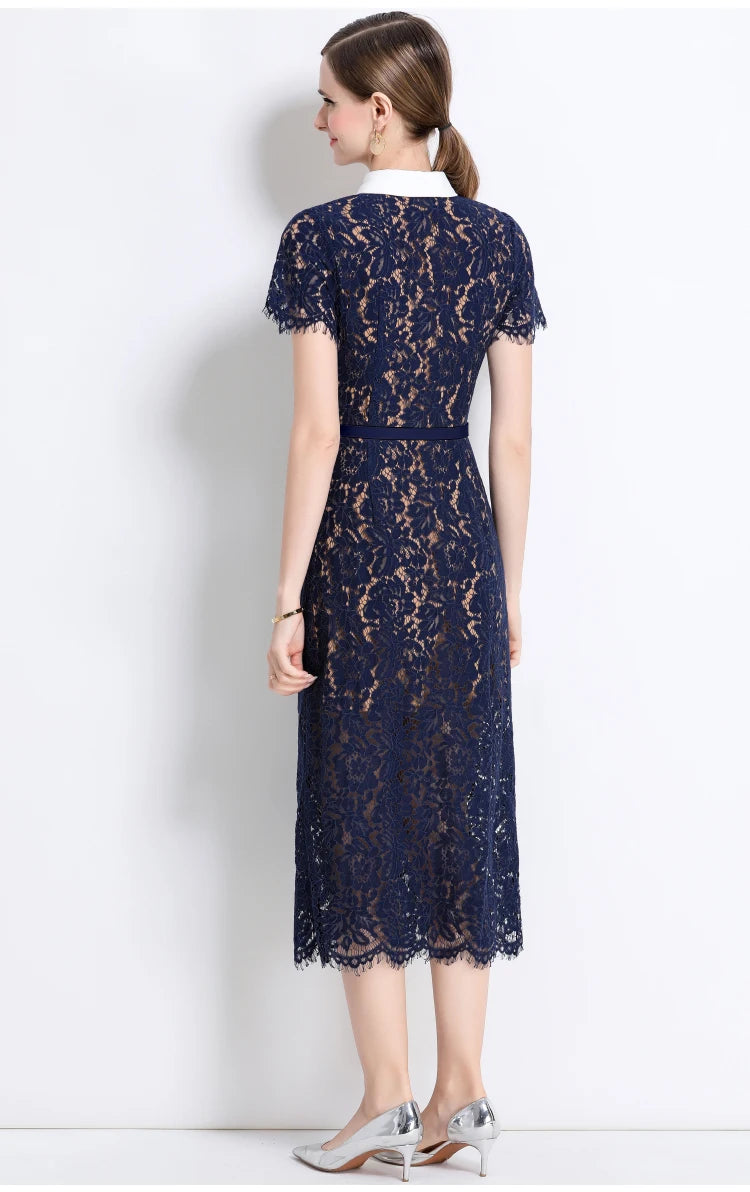 Formal Luxury Evening Long Dress Women Summer Autumn White Peter Pan Collar Hollow Out Blue Pencil Embroidery Lace Dress Party