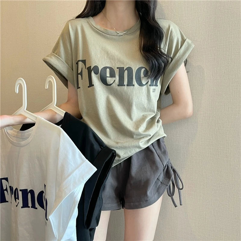 Loose ort Sve T-irt Women's Summer Thin Design Sense Hong Kong Sle Chic Retro Top Trendy round Ne Polyester ...