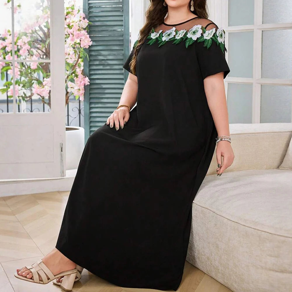 Plus Size Rafiah Women's Arabian Dress Summer Fashion Decent Floral Short Sleeve Round-Neck Midi Casual Shift Dresses
