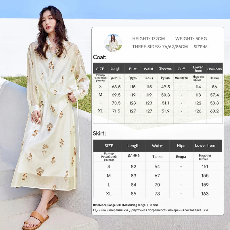 Woman wearing a floral dress with size chart on a white background