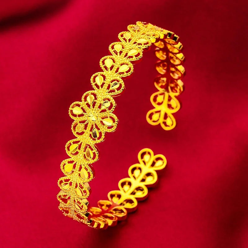 9999 Real Gold 24K Real Gold Bracelet and Ring Set for Women, Leaf Vine Man Style Bracelet, Ring, Gold Jewelry Gift