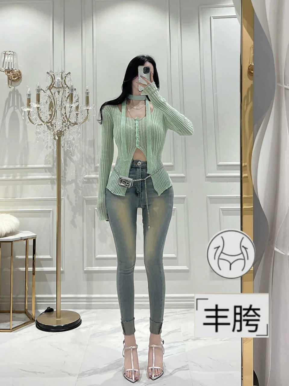 Slimming Skinny Jeans with Hip Padding Retro Nine-Piece Vintage Wear Resistant Cotton Stretch Denim Zipper Closure l Waist