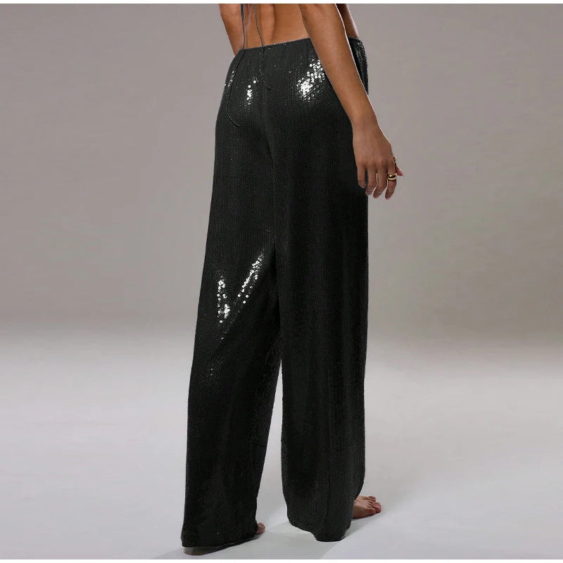 Loose Solid Color Sequin Pants Woman Cinched Waist Glitter Straight Baggy Long Pants Casual Street Chic Sparkle Women's Trousers