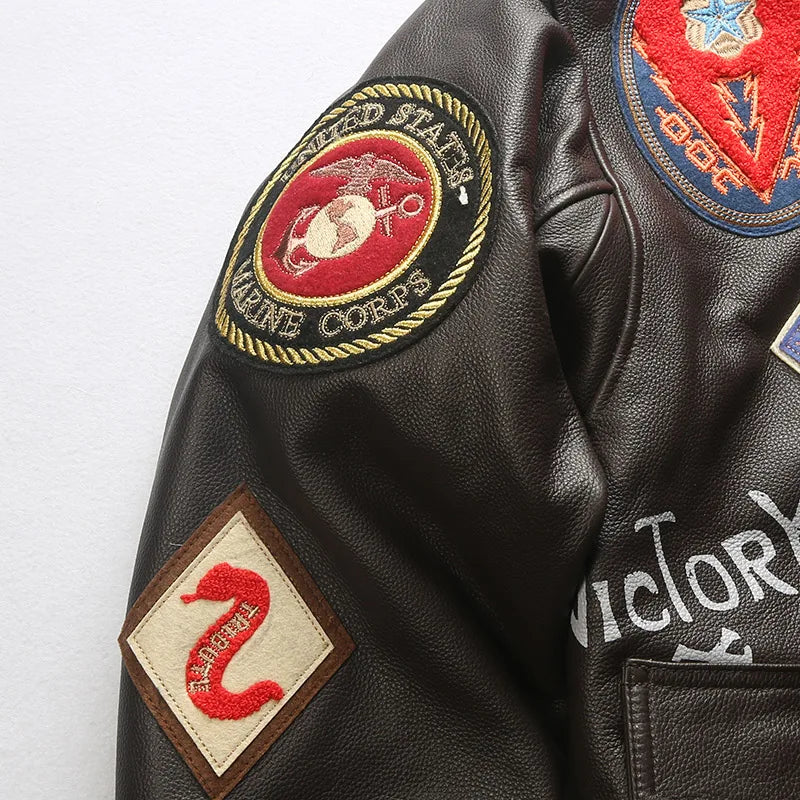 Super Fast Shipping G1 Pilot Jacket Men Removable Hair Collar Genuine Cowhide Vintage Embroidered Label Casual Leather coat TOP