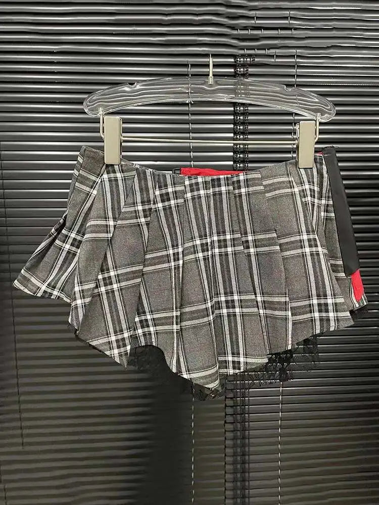 DEAT Fashion Trendy Women's Patchwork Plaid Design Pleated Mini Skirts 2025 Summer New High Waist A-line Skirt Female 29L7565