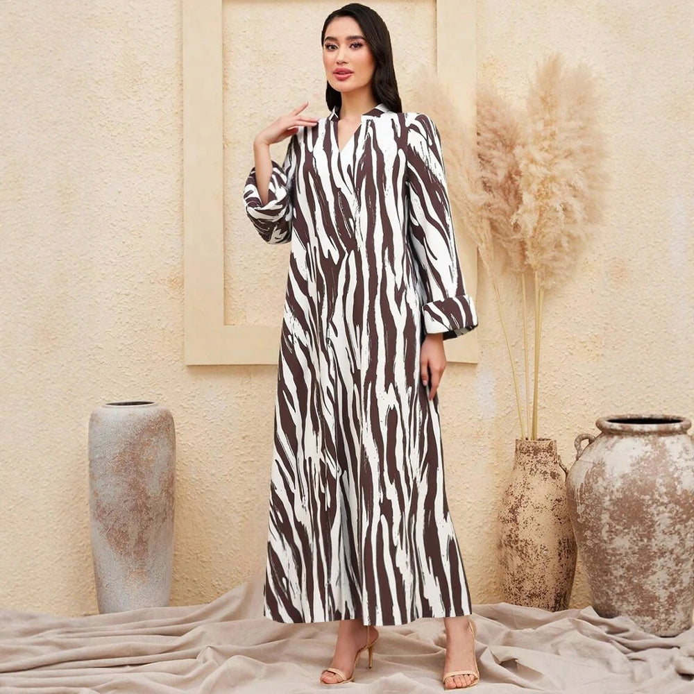 Plus Size Rafiah Women's Summer Arabian Dress 2025 Zebra-Stripe Contrast Color Long Sleeve Half Open Collar Long Dress