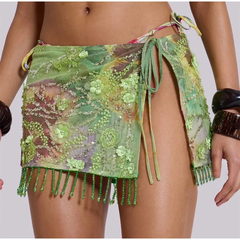Sexy Sequin Tassel Mini Skirt Women Lace Up Bead Flower High Waist Holiday Skirts 2025 Summer Beach Green Print Robe Lady
