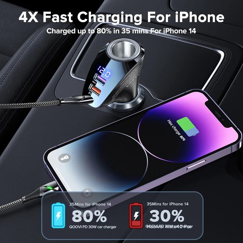 QOOVI 150W 4-Ports Car Charger USB Type C Super Fast Charging PD 4.0 Cigarette Lighter Socket For iPhone Xiaomi Samsung Huawei