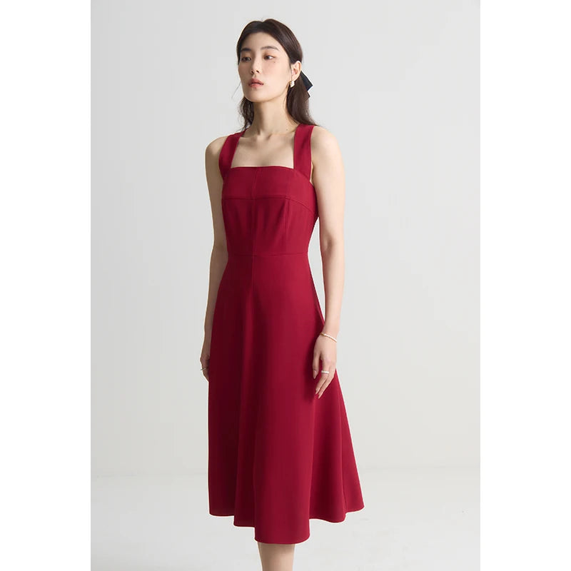 DUSHU French Style Suspender Dress for Women Summer Chic Style Red Square Collar Slim Mid-length Elegant Dress Female 24DS82114