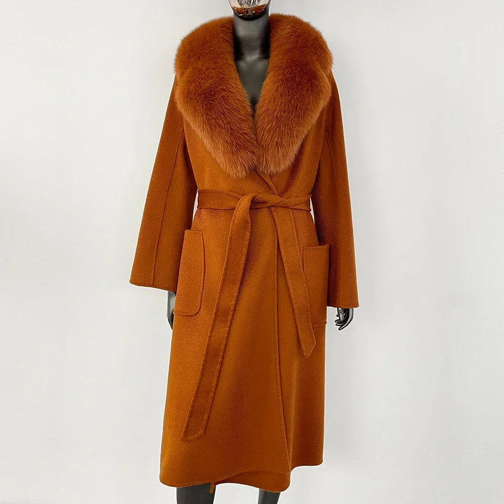 GENHUA 2025 New Casual Fur Coat for Ladies Winter Wool Long Fur Ladies Natural Real Fox Fur Collar Jacket for Ladies Warm Coat