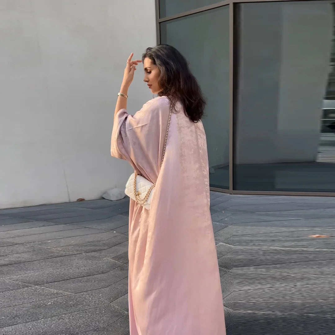 Dubai Luxury Shiny Satin Open Kimono Abaya – Muslim Kaftan Dress for Women