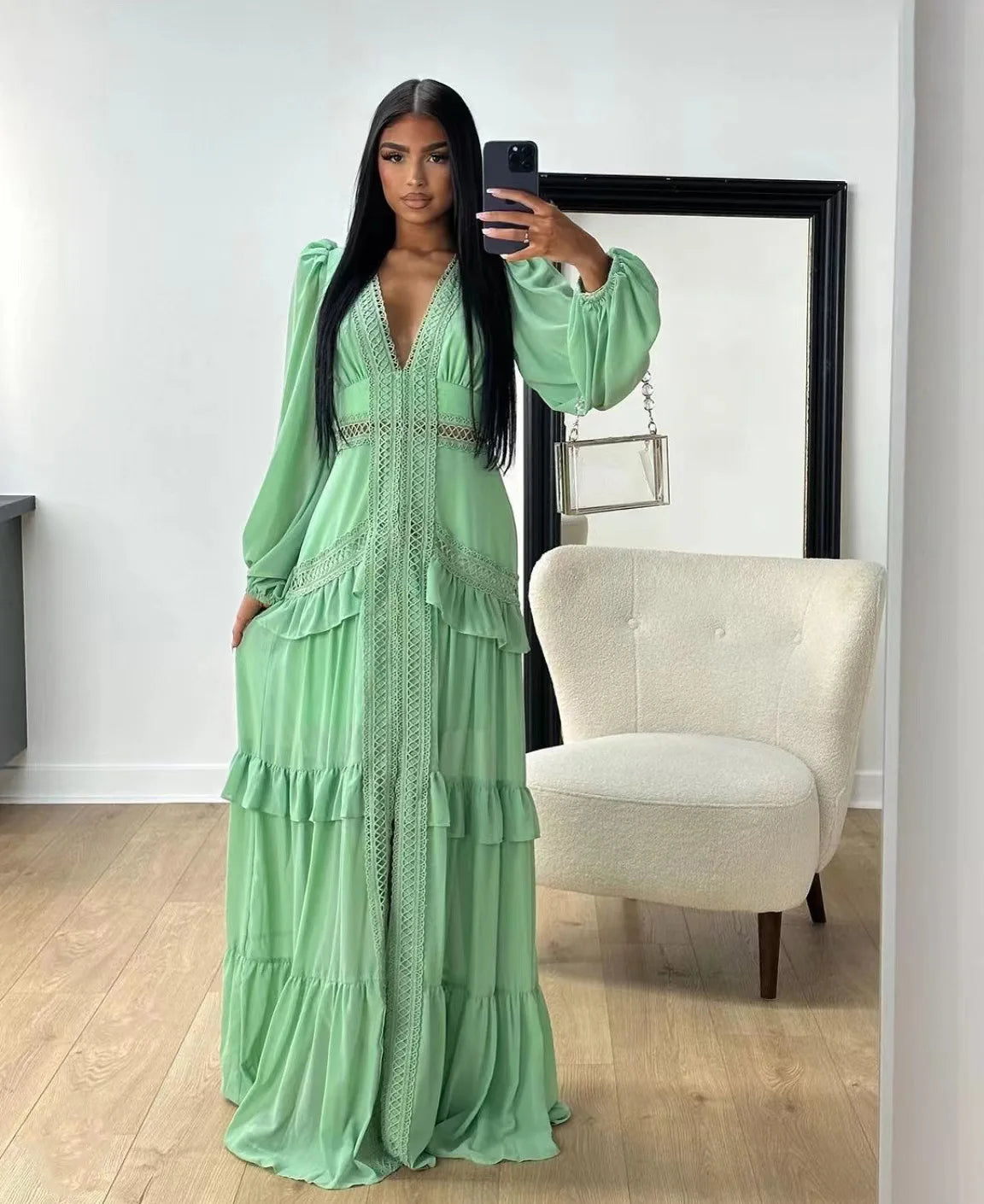 Maxi Dress Ruffles Long Sleeve Hollow Out Evening Dresses Party Chic Robe Green Blue Purple New In Holiday Summer