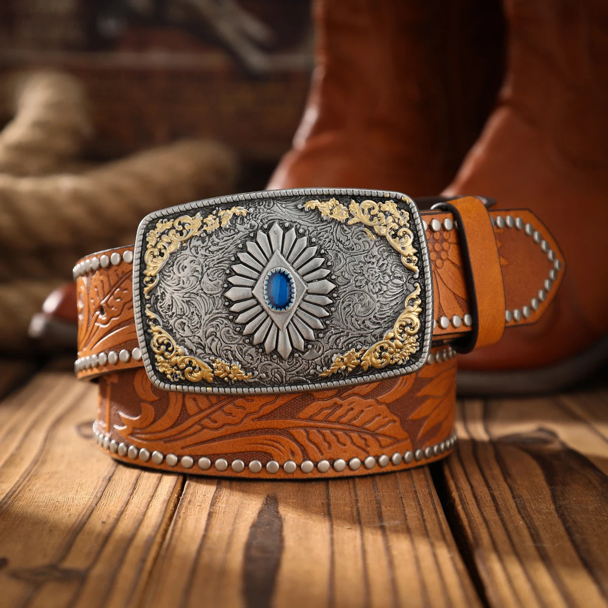 An alloy plate buckle PU material belt, suitable for both men and women, to create a personalized Western retro style