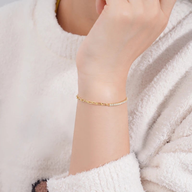 Lnngy 2mm Moissanite Bracelet Korean Ins 925 Sterling Silver Paper Clip Chain Adjustable Bracelets For Women Simple Hand Jewerly