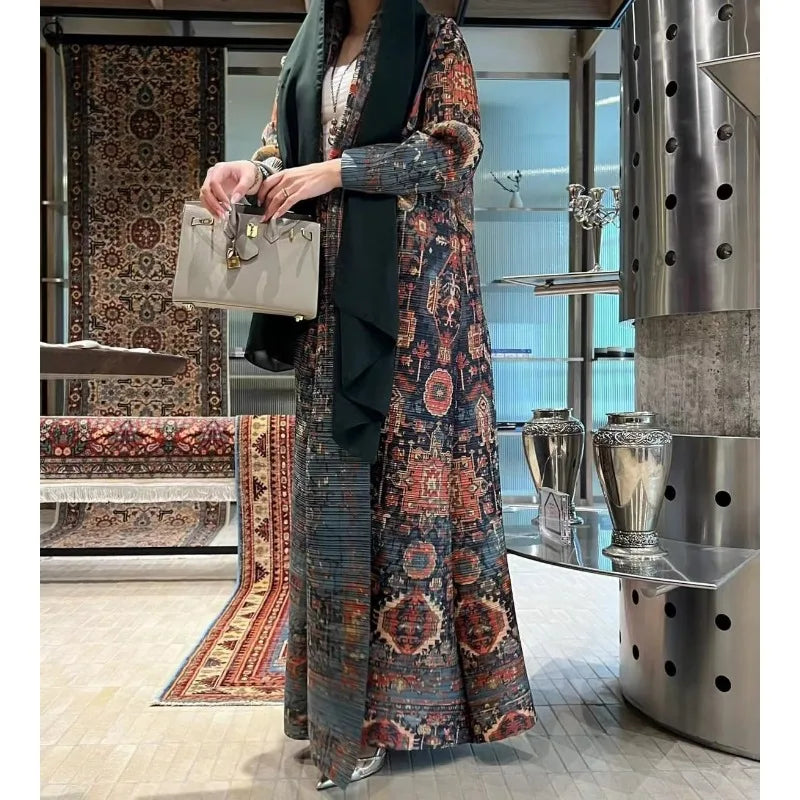 KAF Pleated Large Size Women Trench Coat 2024 Spring and Autumn New Vintage Printed Design Luxury Female Coat Arabian Abaya