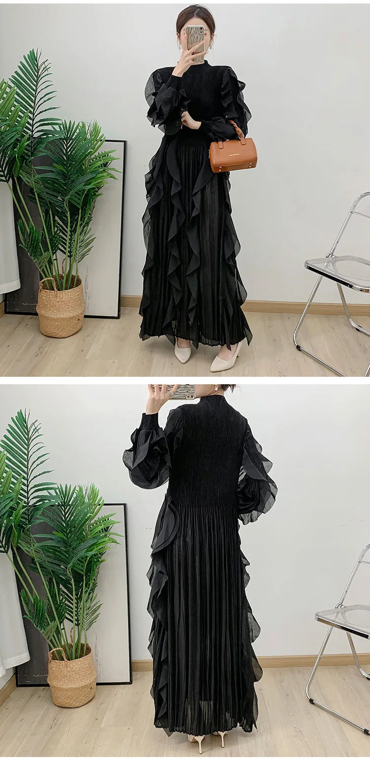 Fashion Ruffles Pleated Dress Women Round Neck Flare Sleeves Solid Maxi Belt Dresses Party 2025 Autumn New
