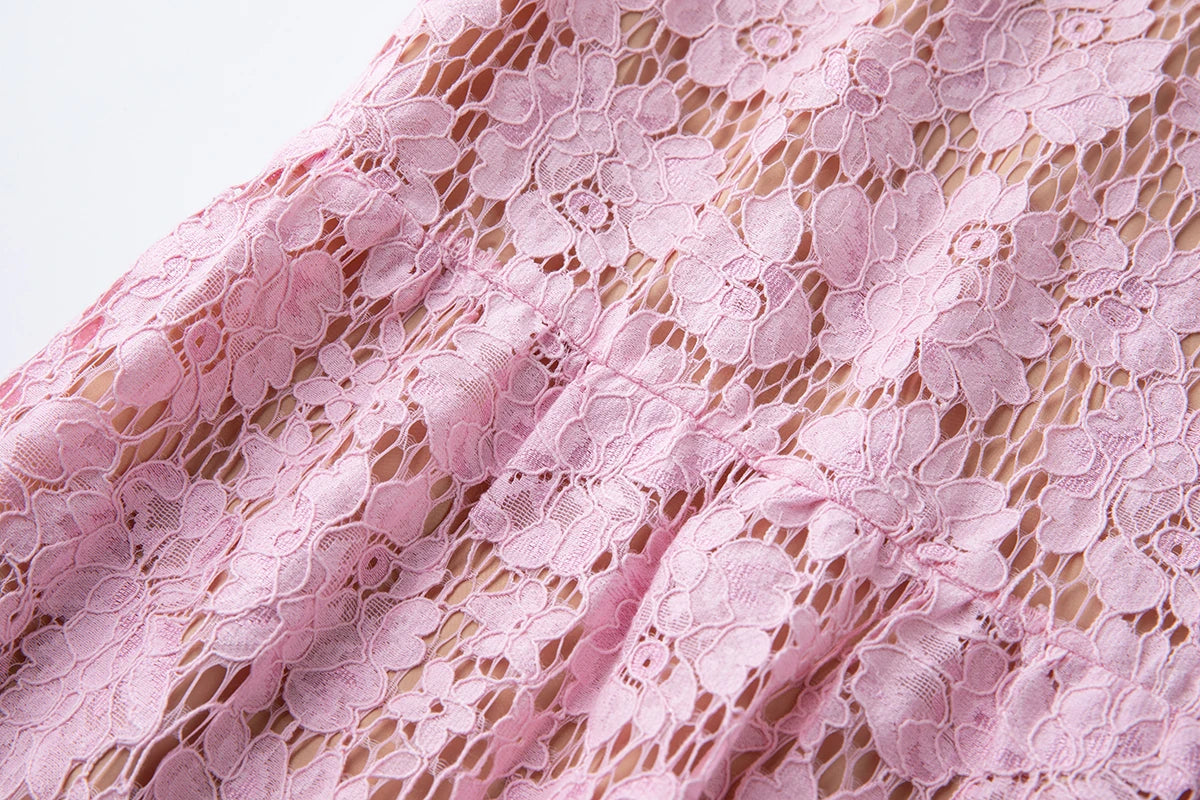 Luxury Eyelash Lace Mid-Calf Party Dress – Women’s Summer Short Sleeve A-Line with Crystal Beading, Hollow-Out Design – Pink Bridesmaid & Prom Gown