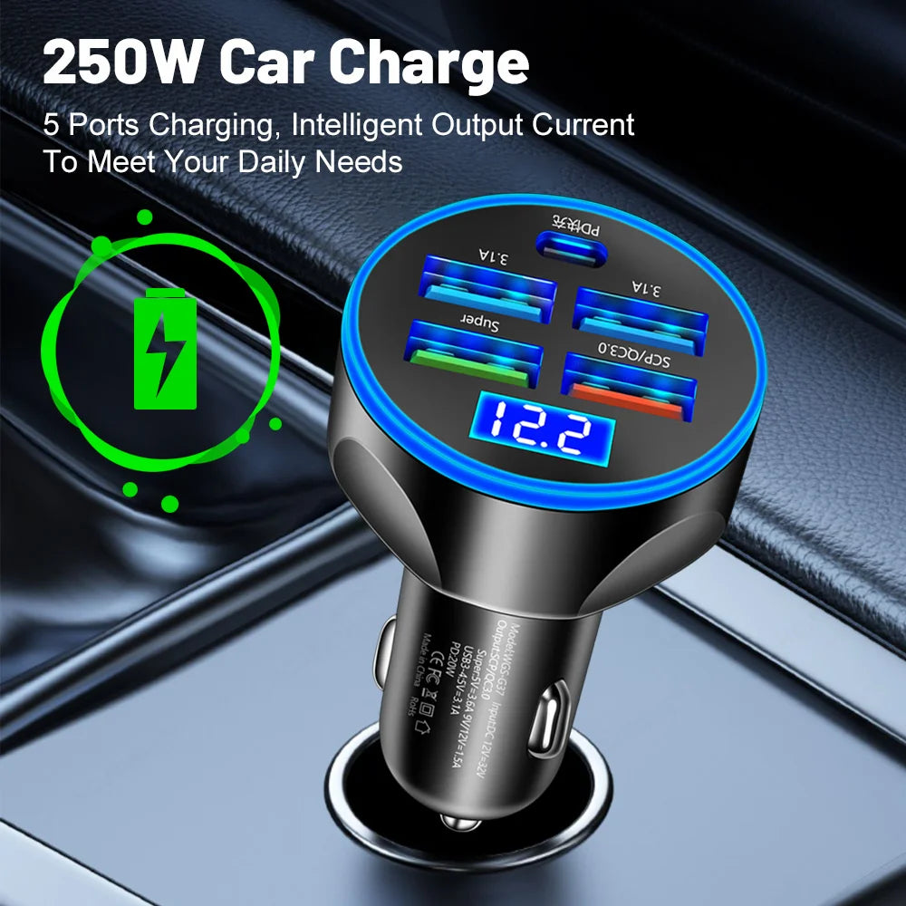 4usb PD 250W Car Charger Type C Fast Charging Auto Mobile Phone Adapter For iPhone Samsung Huawei Xiaomi QC 3.0