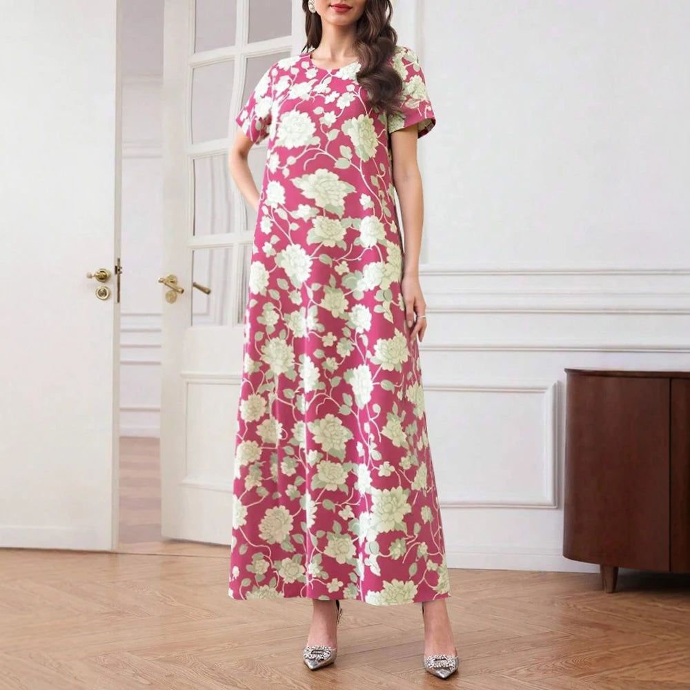 Rafiah Women's Arabian Dress Summer Casual Cultural Full Print Short Sleeve Crew Neck Midi A-Line Long Dress