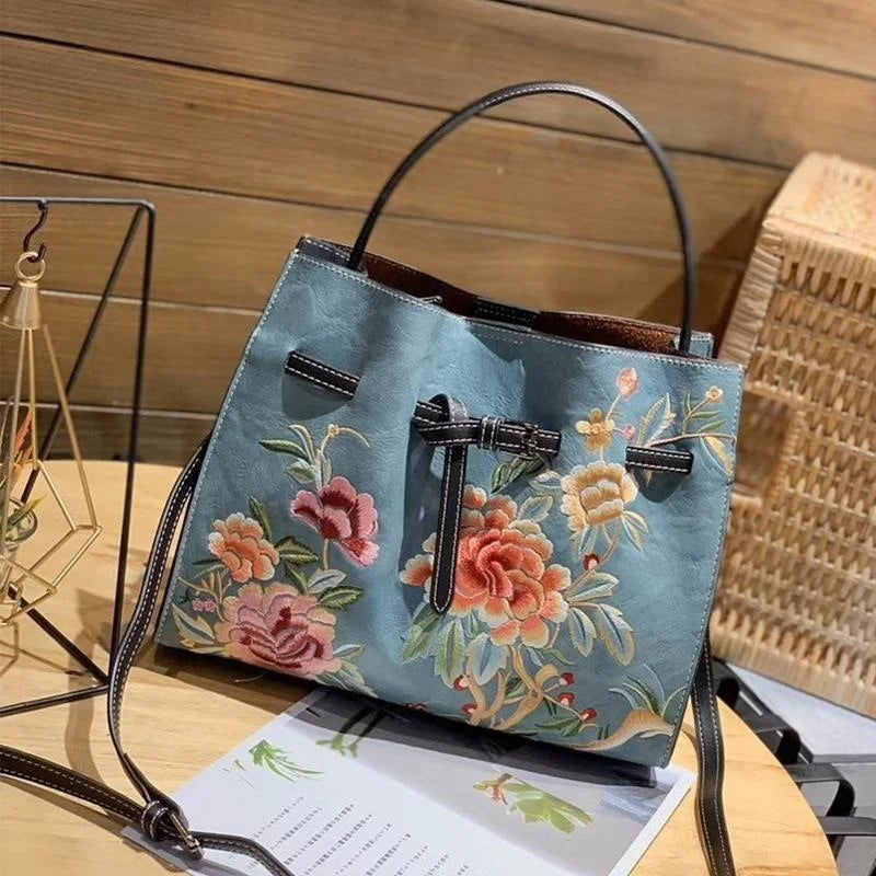 MOTAORA Vintage Chinese Embroidery Leather Shoulder Bag Women Large Capacity Crossbody Bucket Bag Ladies Fashion Handbag NEW