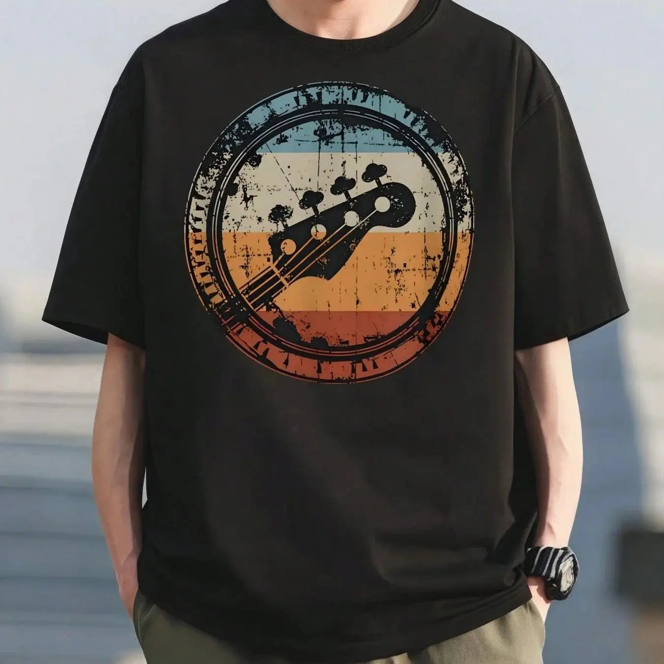 🎸 Men’s Summer 100% Cotton Casual T-Shirt,Retro Guitar Print | Loose Fit | Round Neck | Breathable Comfort