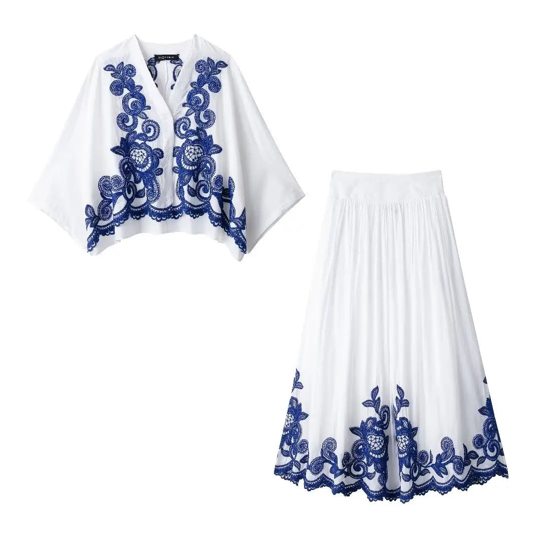 TRAFZA 2024 Women Skirt Set Blue Embroidery Three Quarter Bat Sleeve Shirt +Folds A Line Long Skirt Casual Loose Beach Holiday