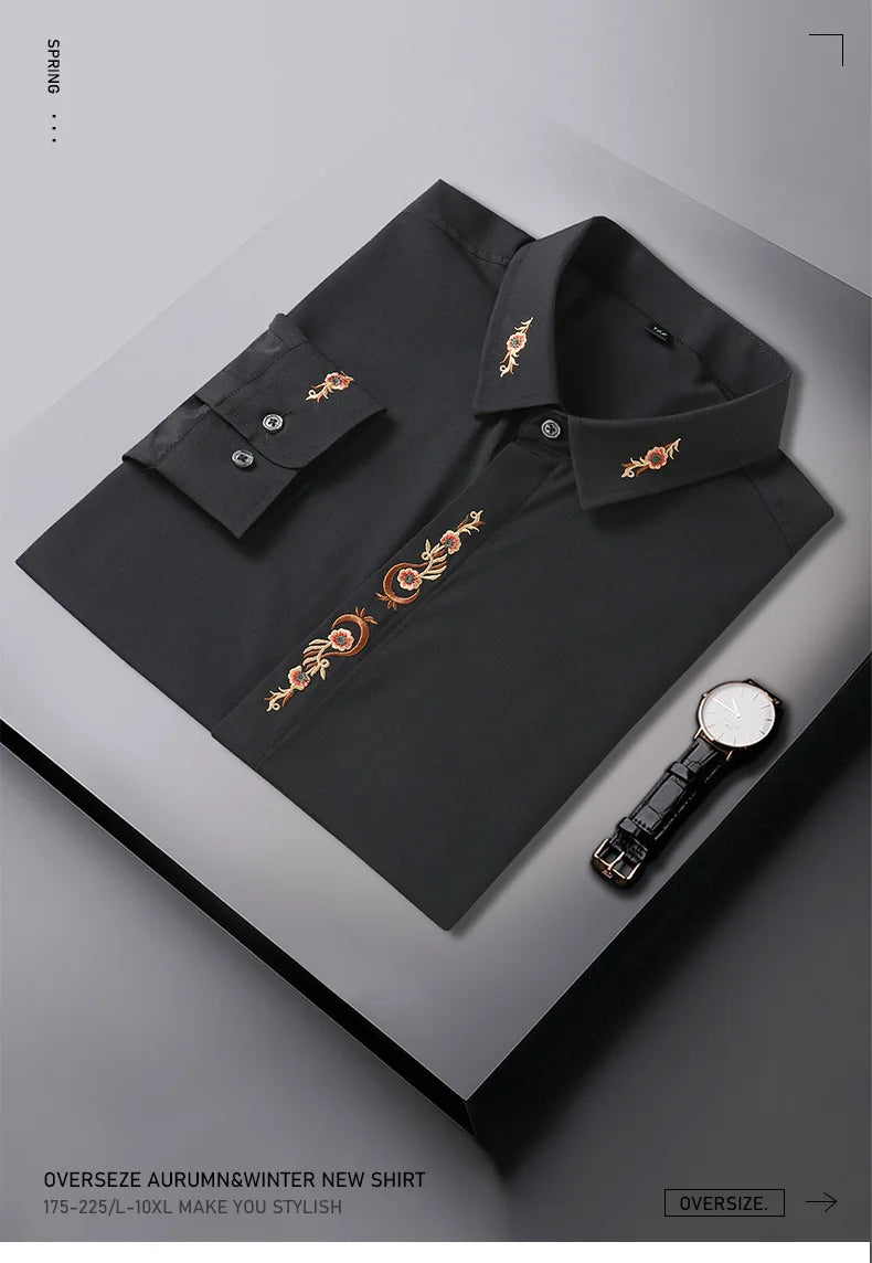 قميص رجالي جديد بأكمام طويلة للخريف بمقاسات كبيرة 7XL 8XL 10XL 12XL فستان عمل مطرز فضفاض غير رسمي بلوزة مرنة ملابس