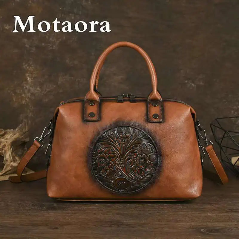 MOTAORA Vintage Leather Crossbody Bag Women's Embossed Handmade Tote Shoulder Bag Large Capacity Anti-Theft Purse