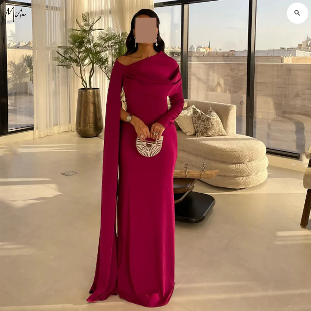 فساتين سهرة ميلا مصممة حسب الطلب، بدون أكتاف، بأكمام طويلة، مع شال، وفستان زفاف، وبطول يصل إلى الأرض، وسحاب، وفساتين حفلات موسيقية