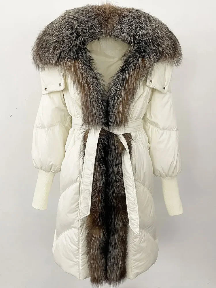 2025 Autumn Winter Women Coat Real Natural Fox Fur Long Down Jacket Thick Warm Casual Hooded White Duck Down Elegant Overwears