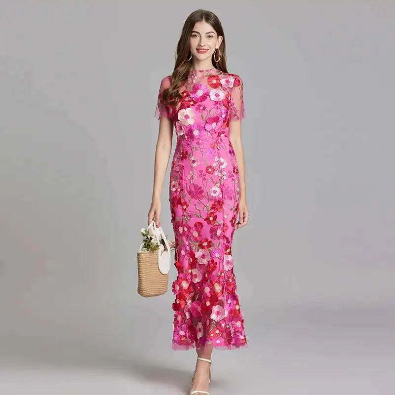 French Luxury 3D Flower Fishtail Lace Prom Dress – Women's Summer Short Sleeve Midi Evening Dress