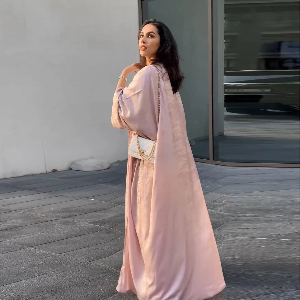Dubai Luxury Shiny Satin Open Kimono Abaya – Muslim Kaftan Dress for Women