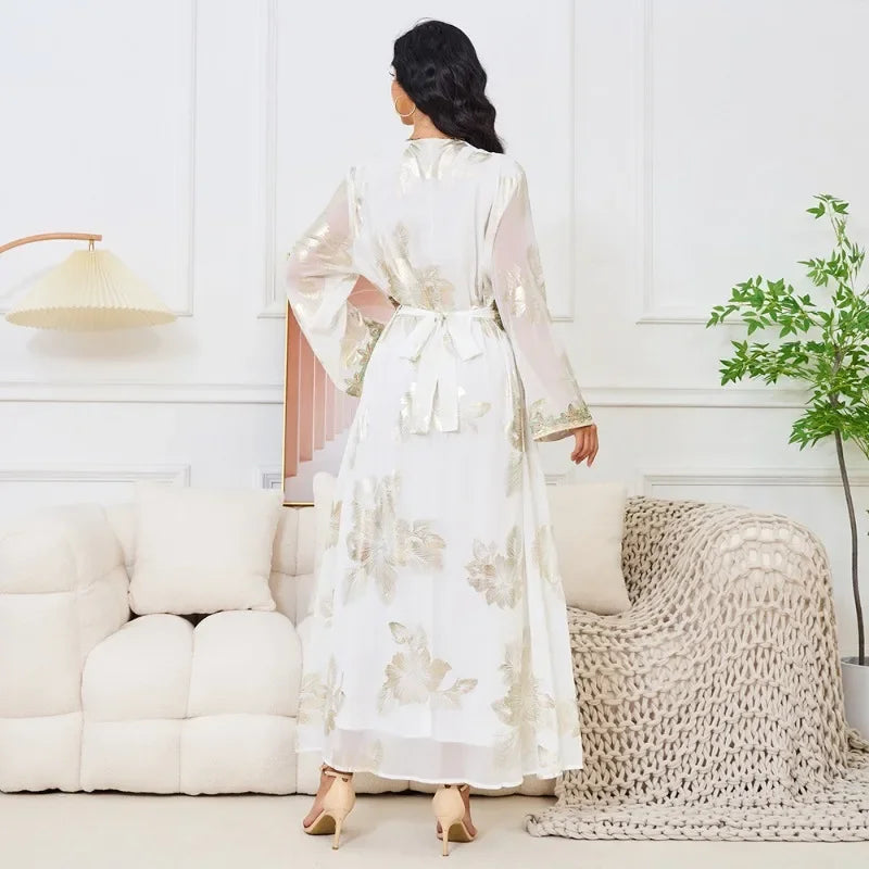 KAF Fashion Women Dress 2025 Spring New V-neck Long-sleeved Printing Hot Stamping Design Loose Large Size Female Party Dresses