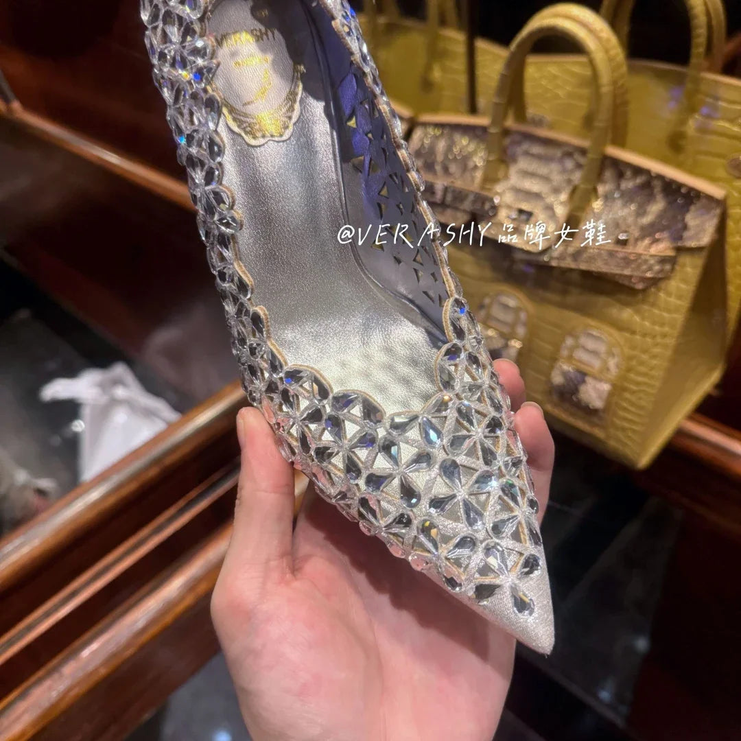 Rhinestone Pointed High Heels Pumps Women Crystal Hollow Slip On Stiletto Heel Banquet Dress Single Shoes 8cm
