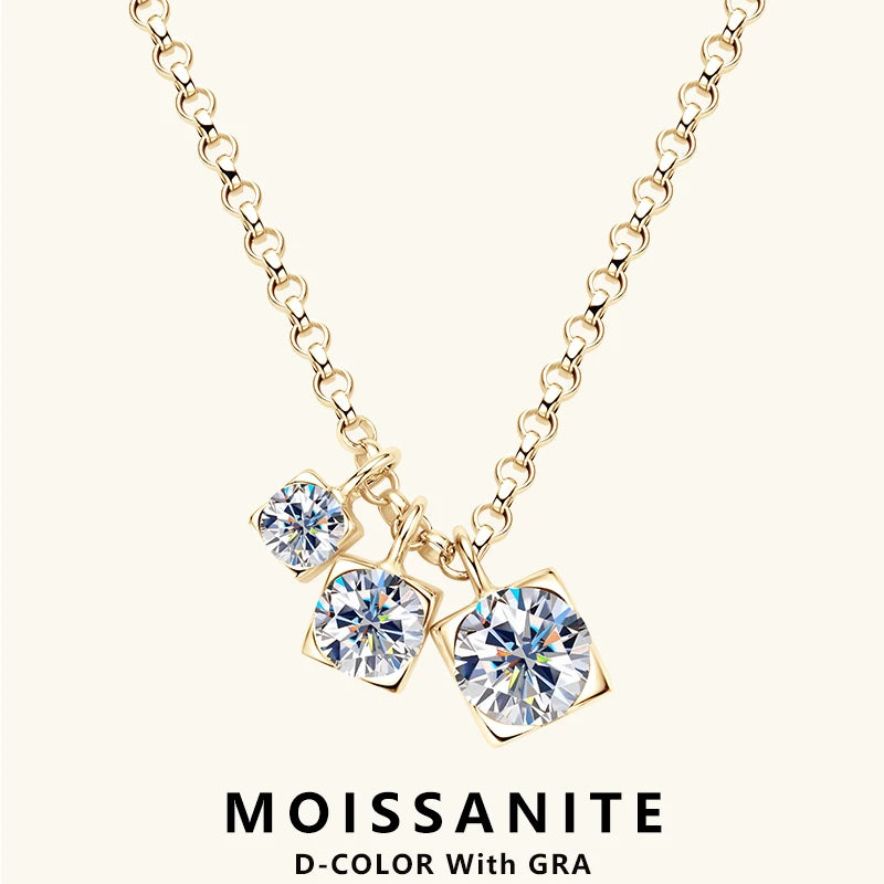 Lnngy Three Stone Moissanite Pendant Necklace Niche 925 Sterling Silver Chain Necklaces for Women collar plata 925 Jewelry Gift