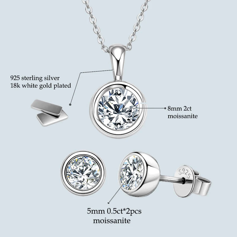 Anziw 925 Silver Set 2ct Moissanite Pendant Necklace 1ct 0.5ct Stud Earrings 18K Gold Plated Jewelry Sets for Women Wedding Gift