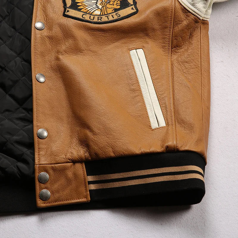 Men large size leather jacket flight suit jacket printed big chief embroidery casual sports yellow cowhide leather jackets tops